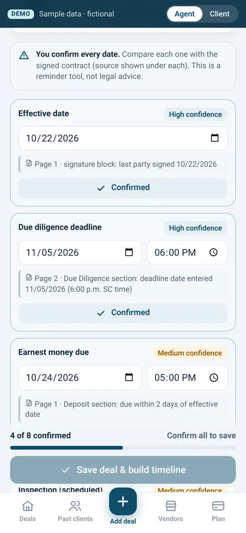 Agent screen confirming each contract date with its source