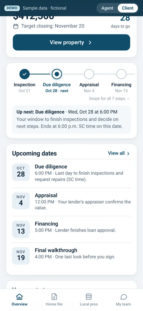 Progress bar of key dates and upcoming dates list