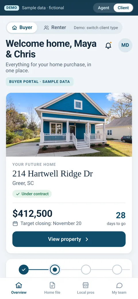 Nestward client portal showing the home, price, closing date and days to go (sample data)