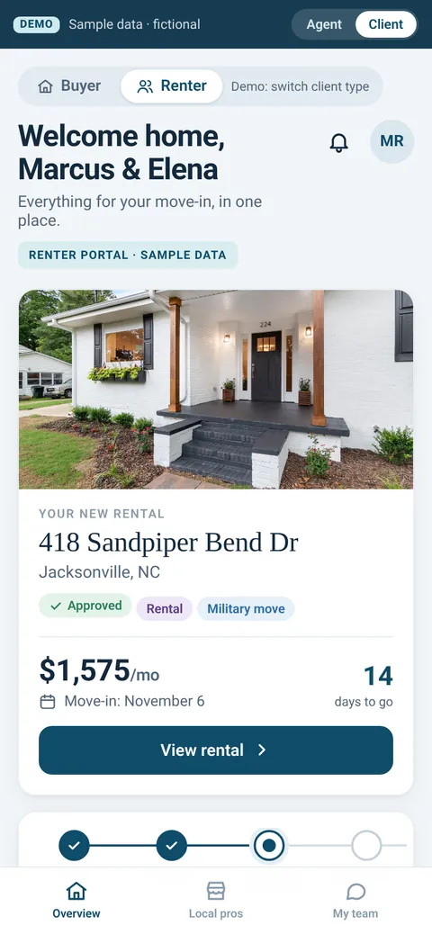 Renter move-in portal with a military move tag (sample data)
